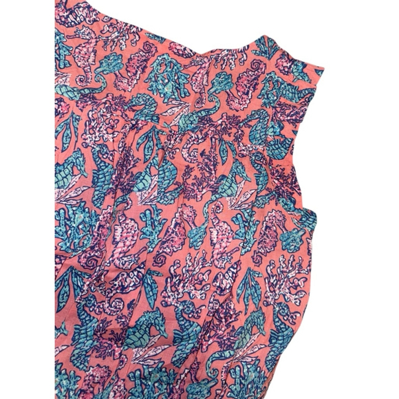Simply Southern Women’s Sleeveless Ruffle Top, Coral/Seahorse Print, small - Picture 5 of 8